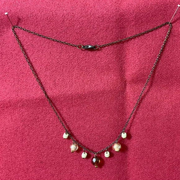 Brown colored metal necklace with cream and brown glass beads, 7", lobster claw. - Picture 1 of 6